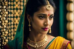 a beautiful indian woman wearing jewelry and a sari. AI-Generated photo