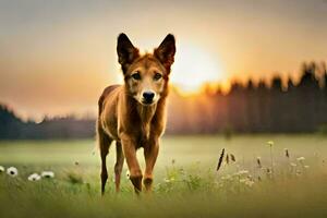 a dog is walking in a field at sunset. AI-Generated photo