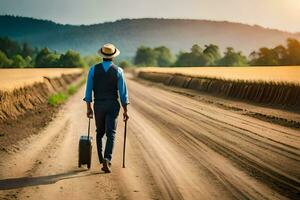 a man with a cane and hat walking down a dirt road. AI-Generated photo