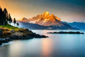 a mountain range is reflected in the water at sunset. AI-Generated photo