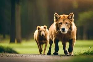 two brown dogs walking on a path in the woods. AI-Generated photo