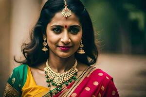 a beautiful indian woman wearing a colorful sari. AI-Generated photo