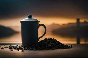 coffee mug, coffee beans, coffee beans, coffee beans, coffee beans, coffee beans,. AI-Generated photo