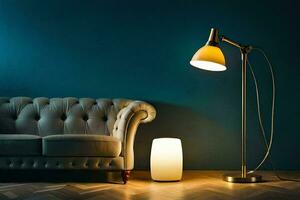 a lamp and a couch in a room. AI-Generated photo