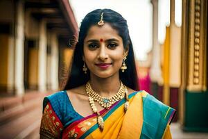 a beautiful woman in a colorful sari. AI-Generated photo