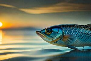 un pescado es flotante en el agua a puesta de sol. generado por ai foto