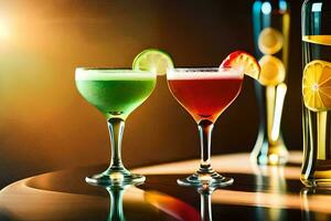 two colorful cocktails sit on a table with a bottle of liquor. AI-Generated photo