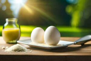 two eggs on a plate with salt and sugar. AI-Generated photo