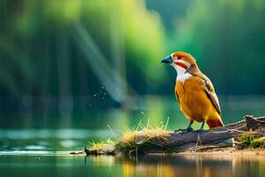 un pájaro es sentado en un Iniciar sesión cerca un lago. generado por ai foto