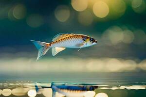 a fish is flying over the water. AI-Generated photo