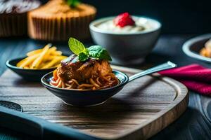 a wooden cutting board with food on it. AI-Generated photo