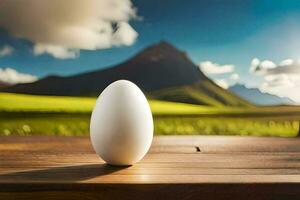 an egg sitting on a table in front of a mountain. AI-Generated photo