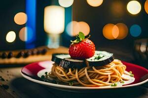 a plate of spaghetti with a strawberry on top. AI-Generated photo