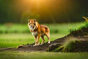 un lobo es en pie en un herboso campo. generado por ai foto