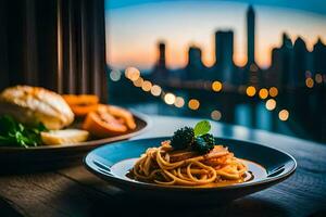 a plate of spaghetti and bread with a view of the city. AI-Generated photo