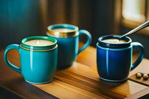 two coffee mugs with spoons on a wooden table. AI-Generated photo