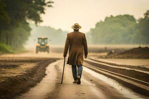 a man walking down a dirt road with a cane. AI-Generated photo