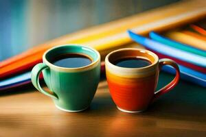 two coffee cups with black and white coffee on a wooden table. AI-Generated photo