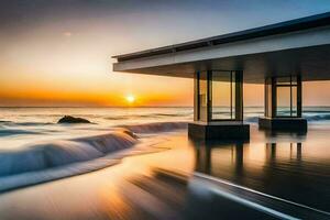 a beach house with the sun setting behind it. AI-Generated photo