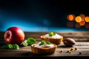 the apple tart with cream and mint leaves on the wooden table. AI-Generated photo