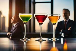 three different colored cocktails on a table. AI-Generated photo