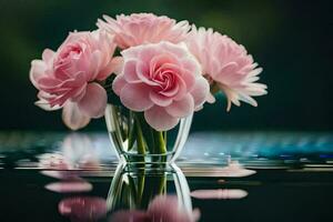 pink flowers in a vase on a reflective surface. AI-Generated photo