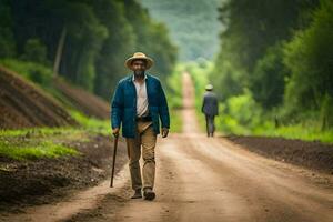 a man walking down a dirt road with a cane. AI-Generated photo