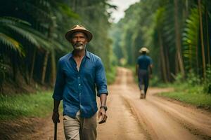 a man walking down a dirt road with a cane. AI-Generated photo