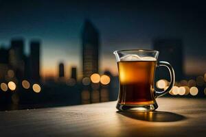 cerveza en un vaso en un mesa en frente de un ciudad horizonte. generado por ai foto