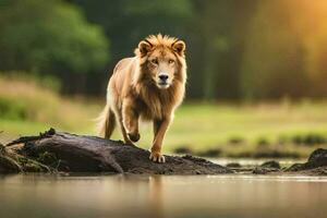 un león caminando a través de un río en el medio de el día. generado por ai foto