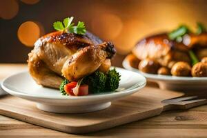 a chicken on a plate with broccoli and carrots. AI-Generated photo