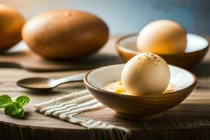 eggs in bowls on a wooden table. AI-Generated photo