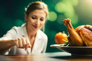 a woman is pointing at a roasted turkey on a plate. AI-Generated photo