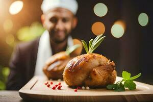 a chef is preparing a chicken on a wooden tray. AI-Generated photo