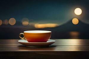 a cup of coffee on a table in front of a city at night. AI-Generated photo