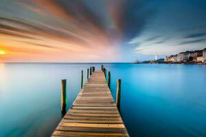 a long exposure photo of a pier in the ocean. AI-Generated