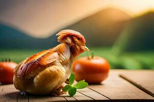 a chicken is sitting on a wooden table with tomatoes. AI-Generated photo