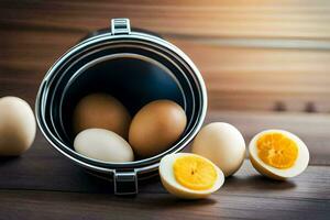 a container filled with eggs and a half open egg. AI-Generated photo