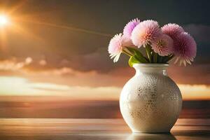 a vase with pink flowers on a table in front of the sun. AI-Generated photo