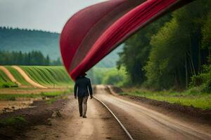 un hombre caminando abajo un suciedad la carretera con un rojo globo. generado por ai foto