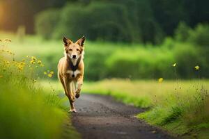 un perro corriendo en un camino en el medio de un campo. generado por ai foto