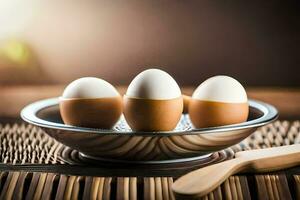 three eggs in a bowl with a spoon. AI-Generated photo