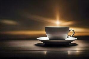 a cup of coffee on a table with a bright sun. AI-Generated photo