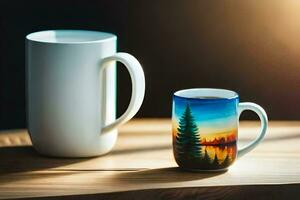 a coffee mug and a coffee cup on a table. AI-Generated photo