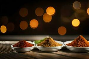 three different types of spices in bowls. AI-Generated photo