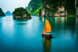 un barco con un amarillo vela en el agua. generado por ai foto