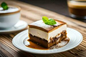 un rebanada de pastel en un plato con un taza de café. generado por ai foto