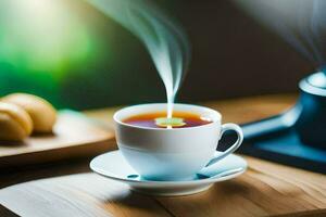 a cup of tea with a steaming hot liquid. AI-Generated photo