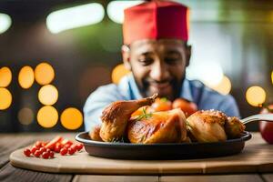 un hombre en un rojo sombrero es participación un plato de pollo. generado por ai foto