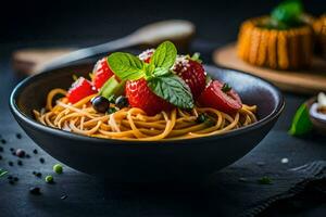 spaghetti with strawberries and basil on a black background. AI-Generated photo